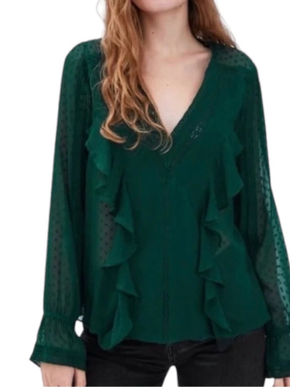 Zara Emerald Green Ruffle V-Neck Blouse